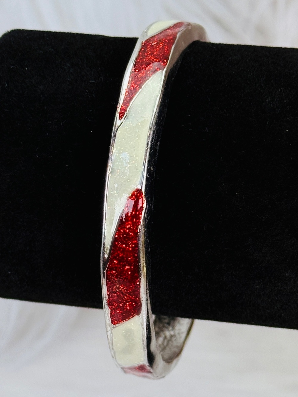 Vintage aged silvertone red white candy cane festive holiday, bangle bracelet
